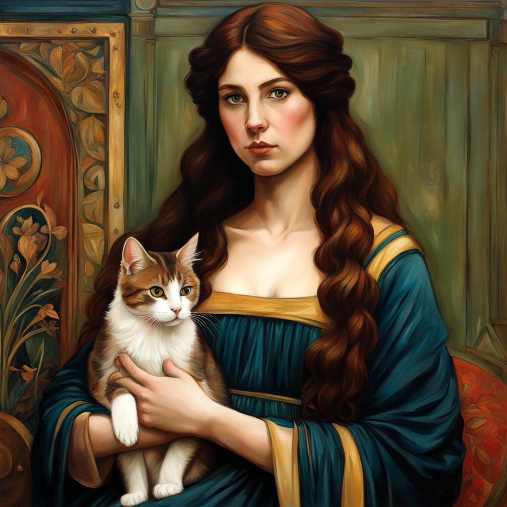 Woman Holding Cat as Pre-Raphaelite Painting