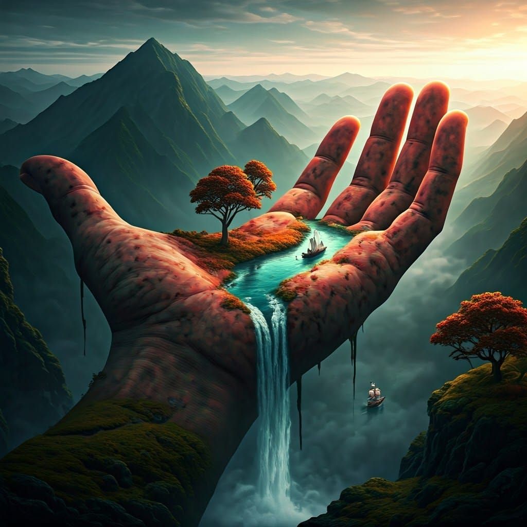 "A surreal, dreamlike landscape where a giant anatomical cor...