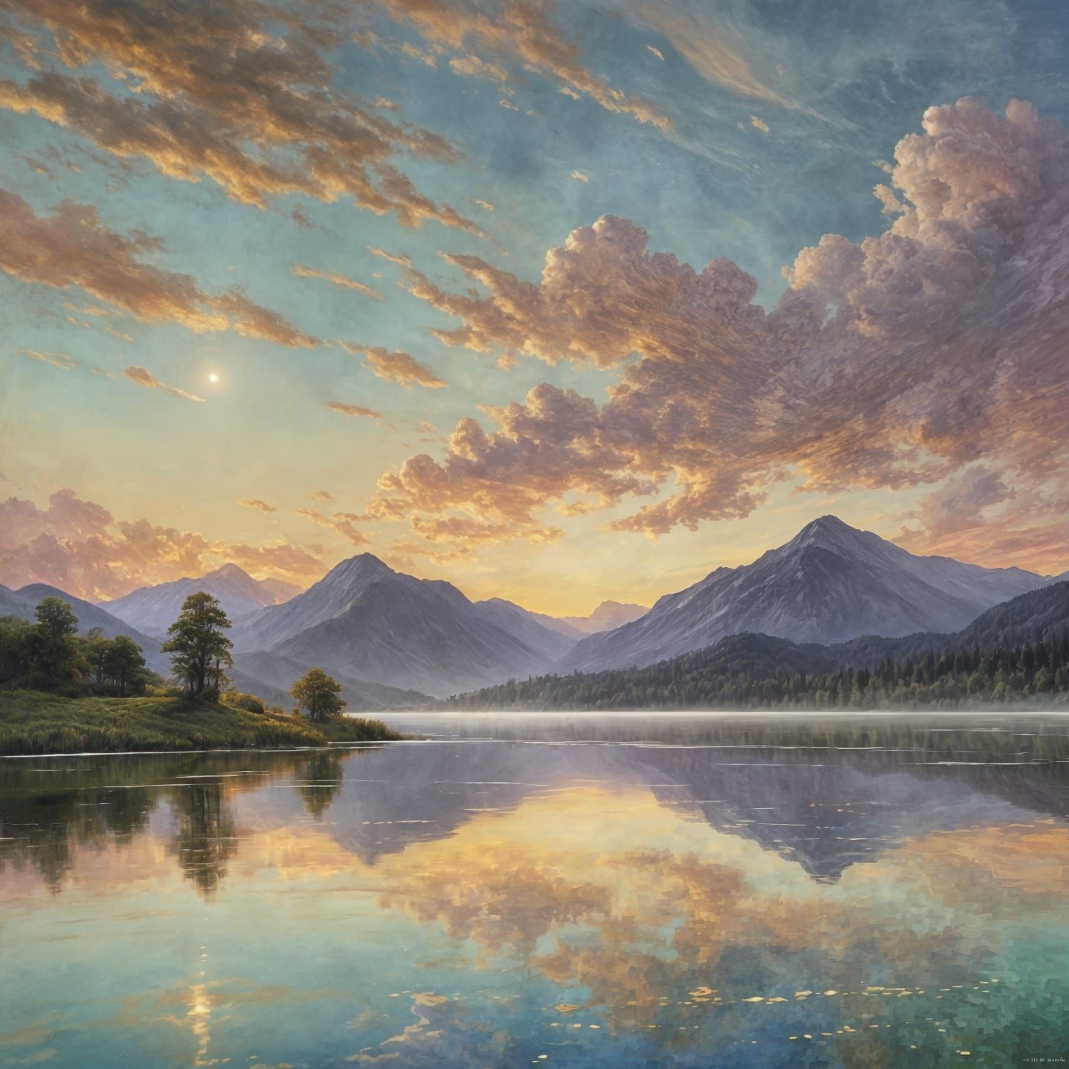 Dreamy Sunrise Reflection in Mountain Lake, Klimt-Style