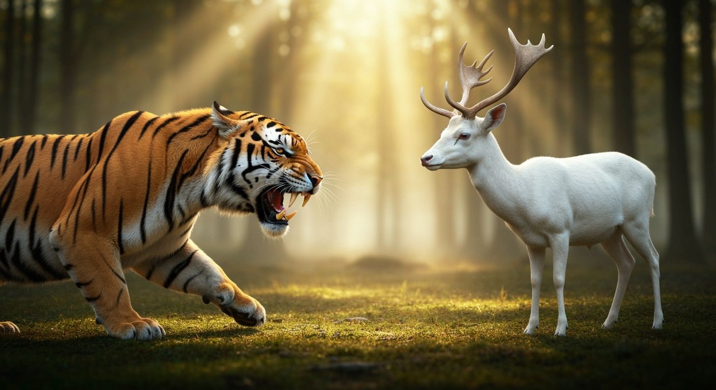Tiger vs. White Deer: Dawn Forest Face-off
