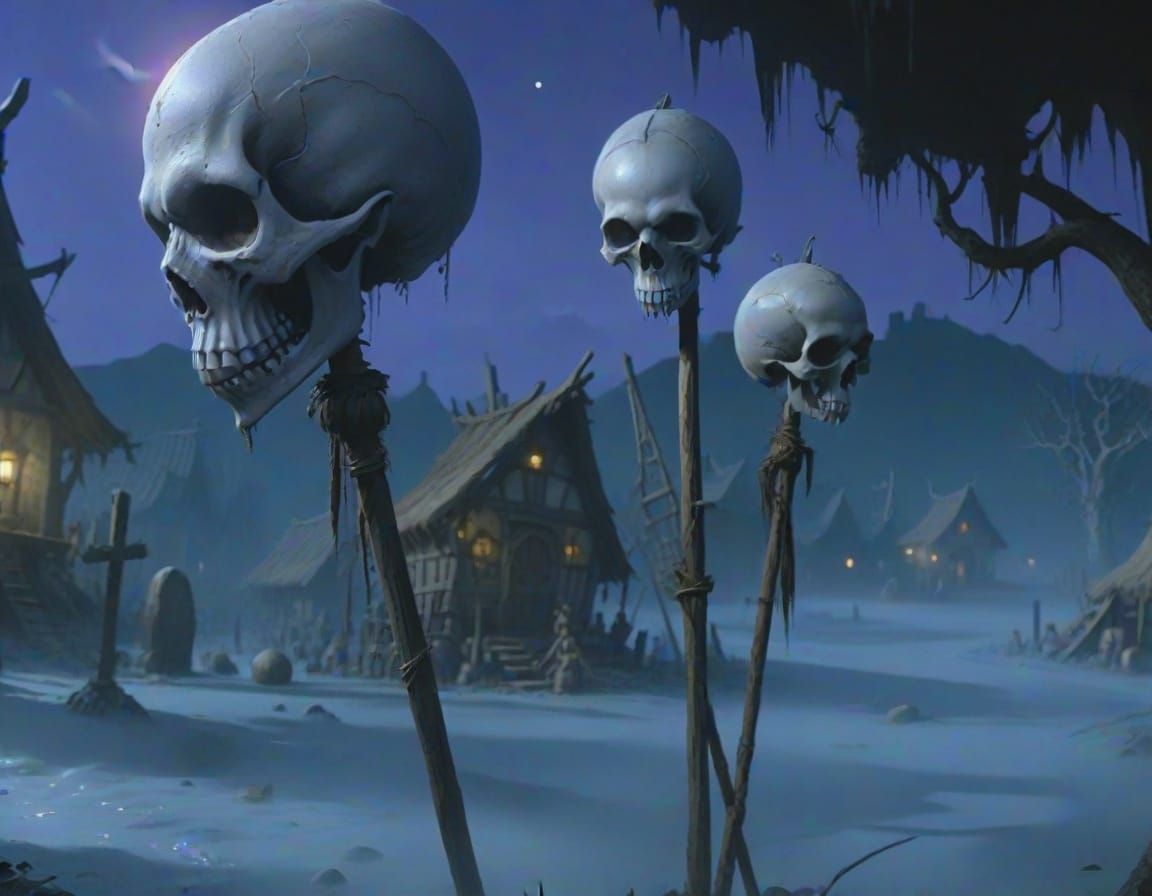 Eerie Goblin Village Under Ominous Moonlight