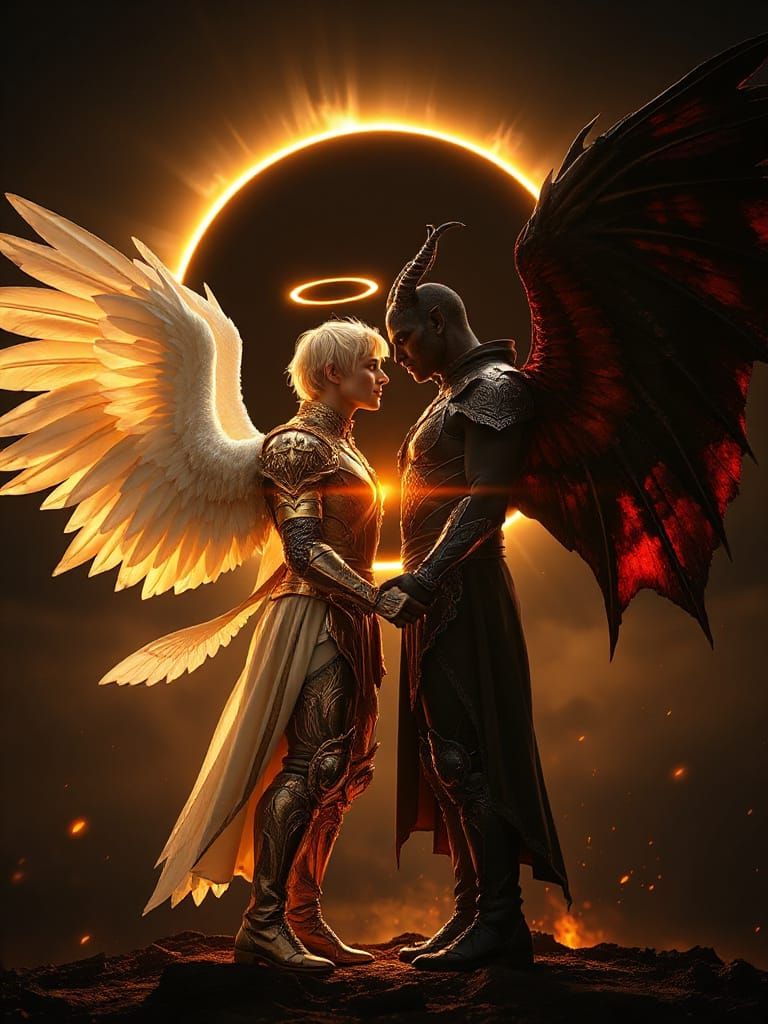 Angelic Demon Embrace Under Solar Eclipse