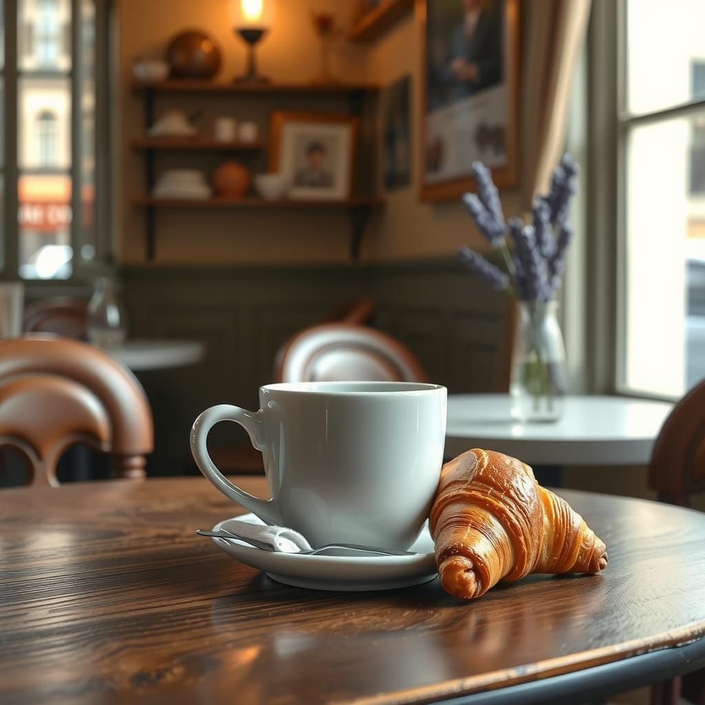 Espresso Cup Morphs into Croissant: Surreal Cafe Art