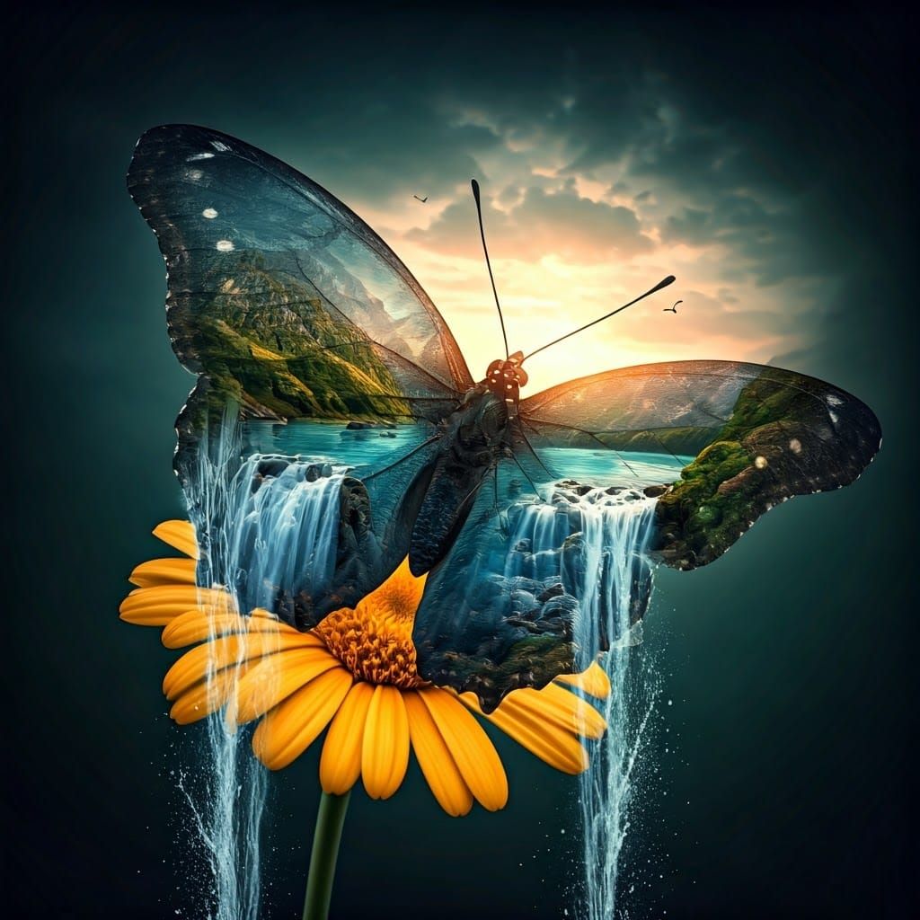 Butterfly with Cascading Waterfall on Wings in Hyper-Detaile...