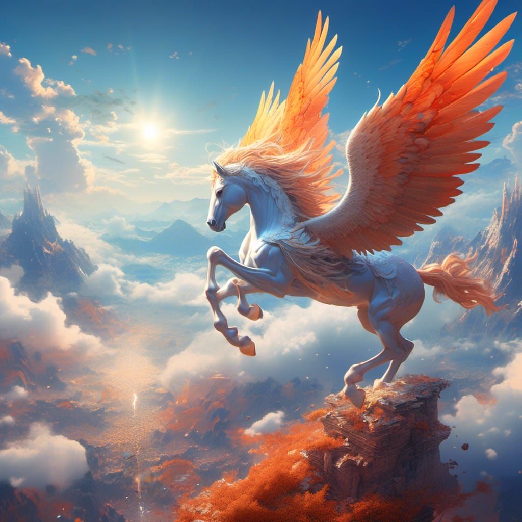 Pegasus Soaring Above Clouds: Fantasy Concept Art