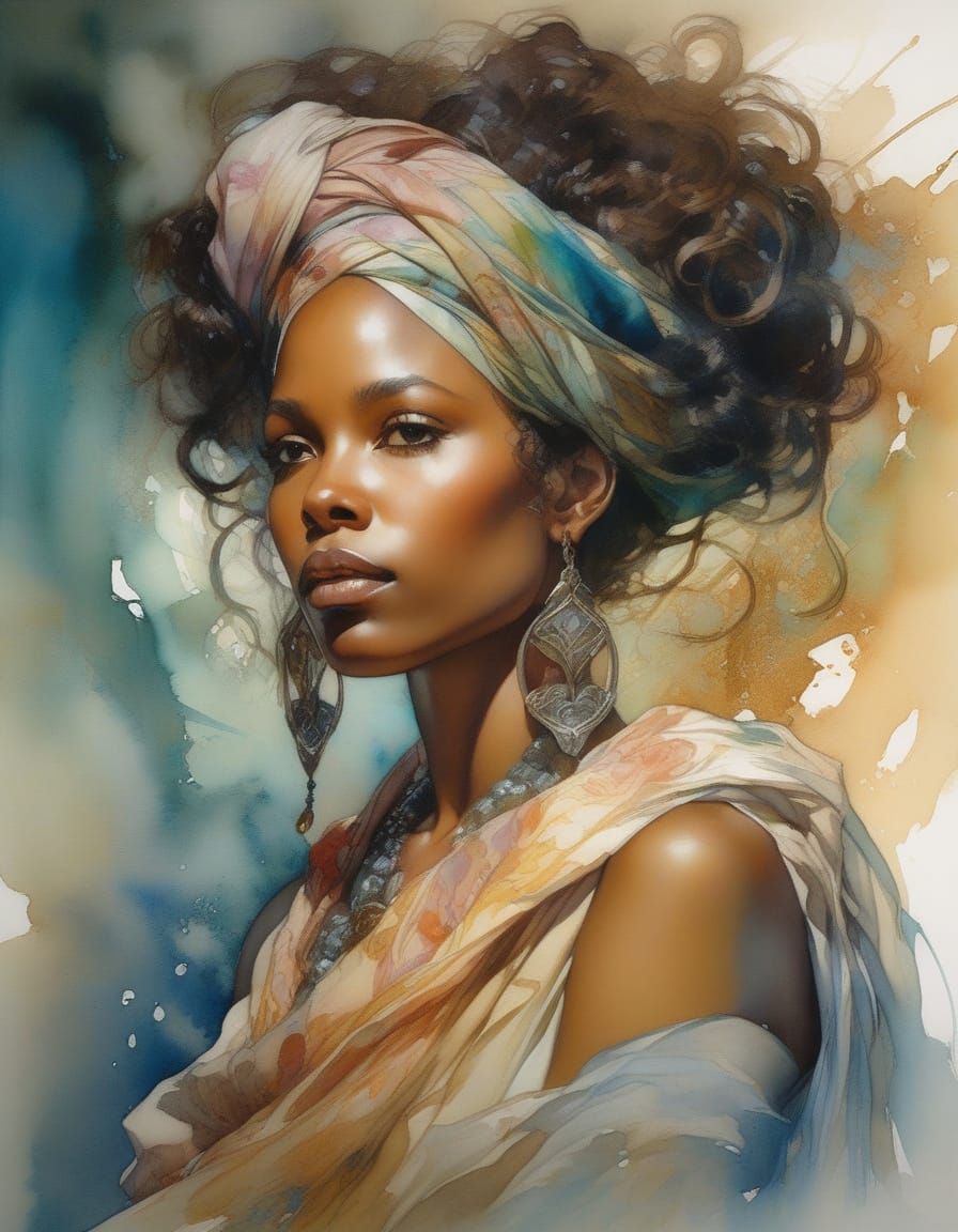 Watercolor Portrait of Woman Draped in Silk