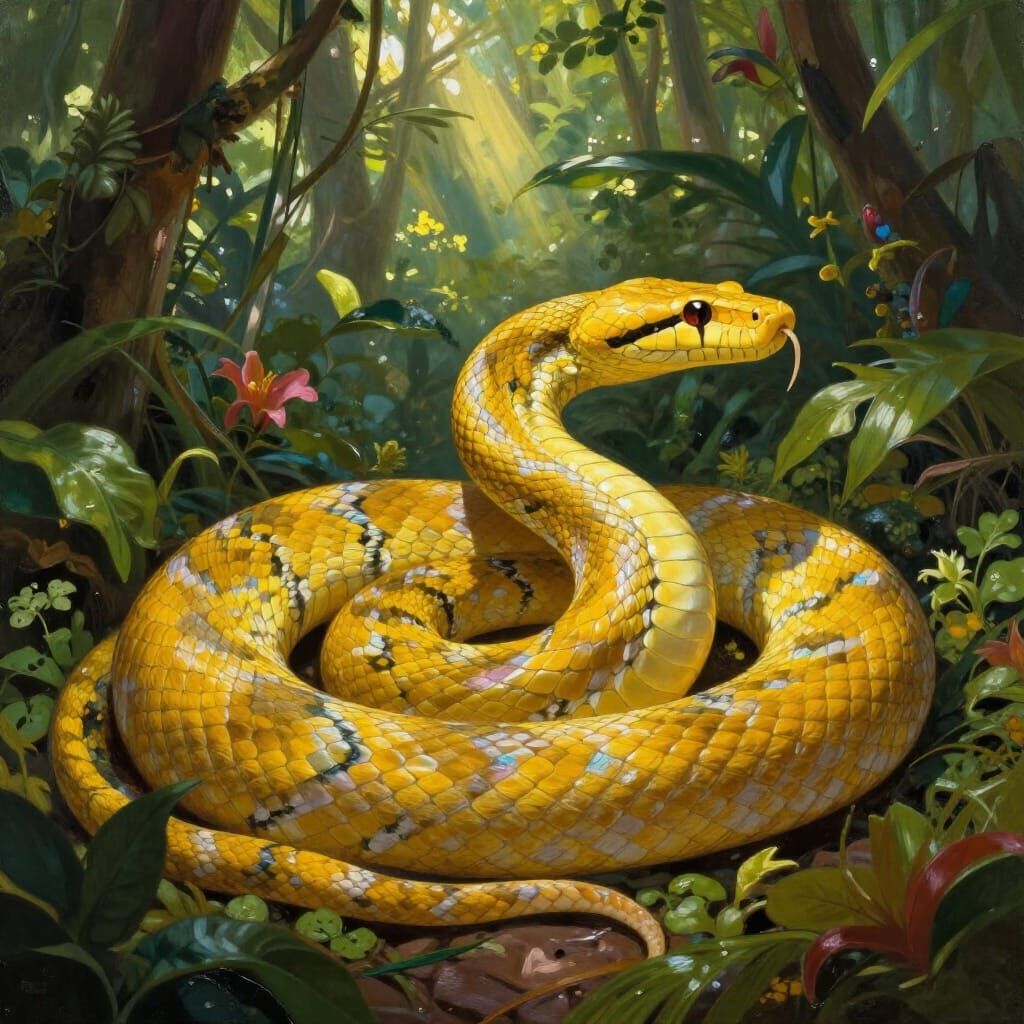 Vibrant Yellow Anaconda in Sun-Dappled Amazon Rainforest