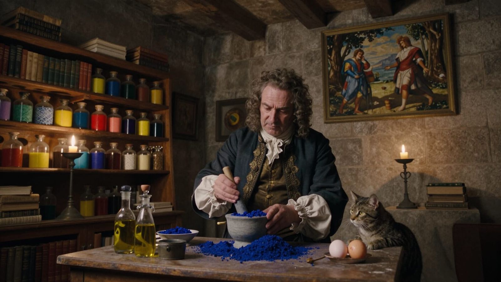 18th Century Artist Mixing Pigments in Apothecary