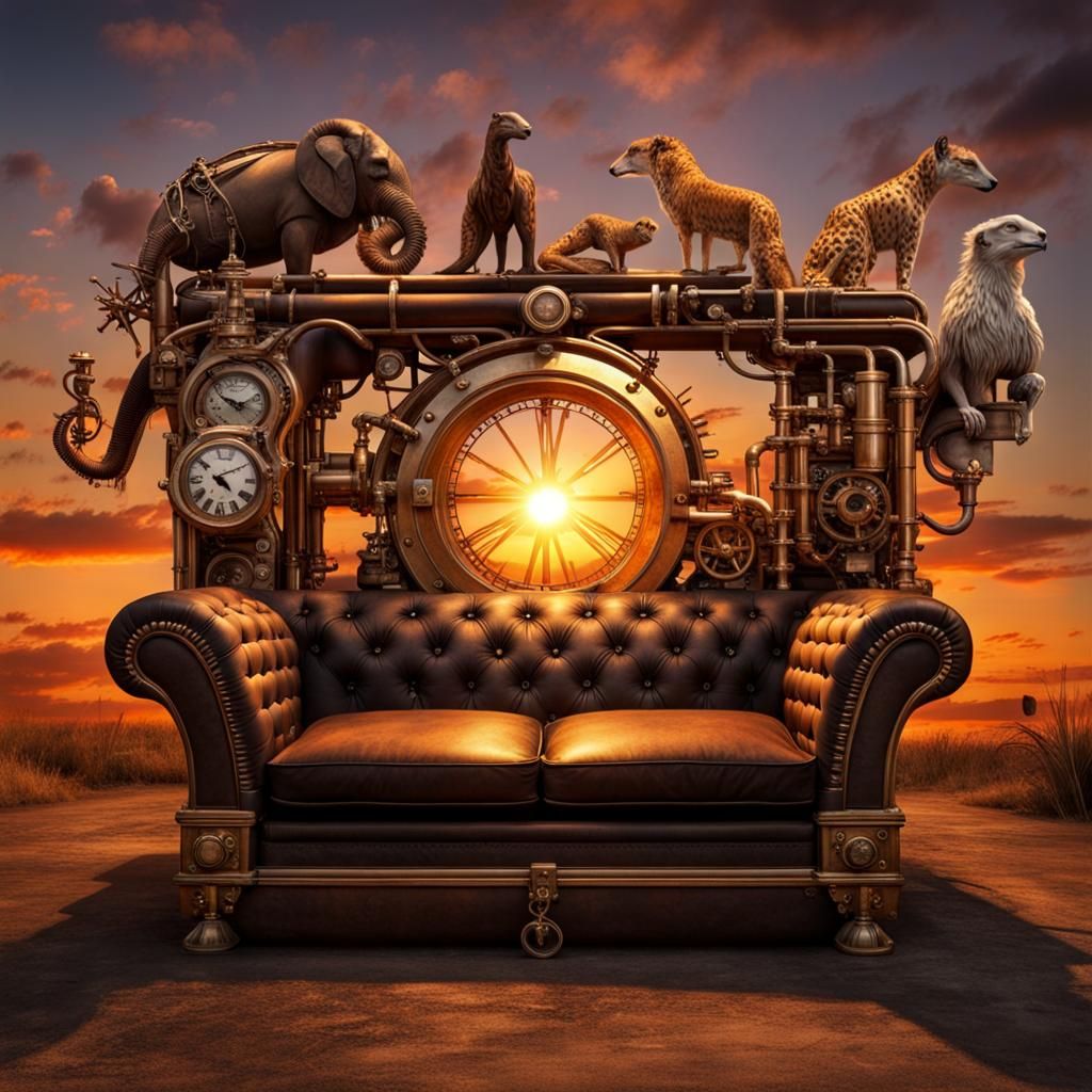 Exotic Animals Surround Couch at Sunset