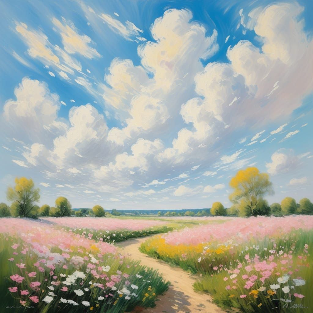 Impressionist Springtime Scene with Wildflowers and Cherry B...