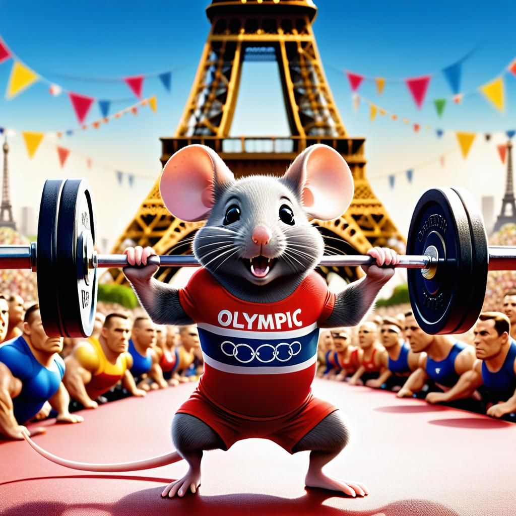 Anthropomorphic Mouse Weightlifting near Eiffel Tower