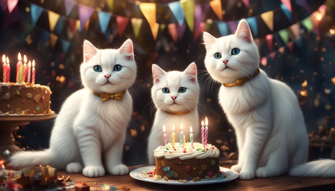 Three Cute White Cats at Birthday Party