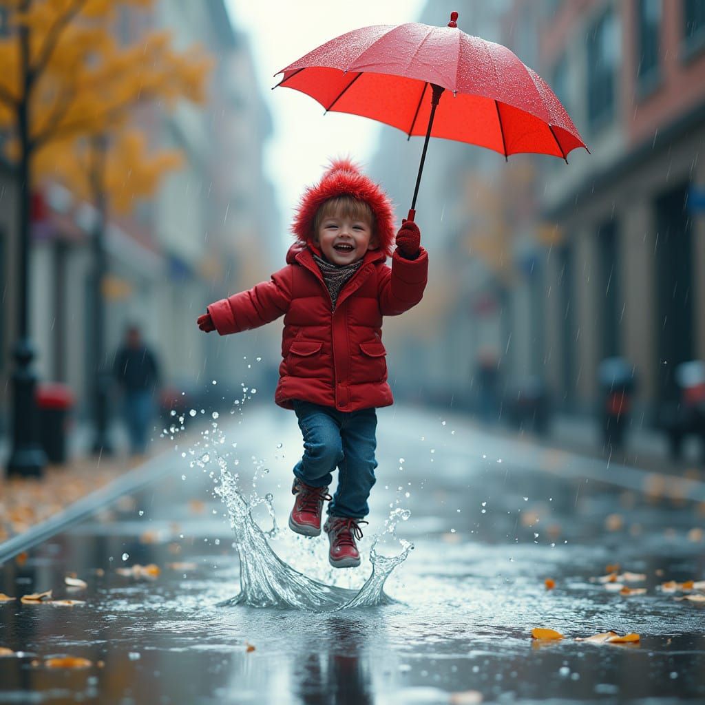 Boy Leaps into Sparkling Rainwater with Red Umbrella
