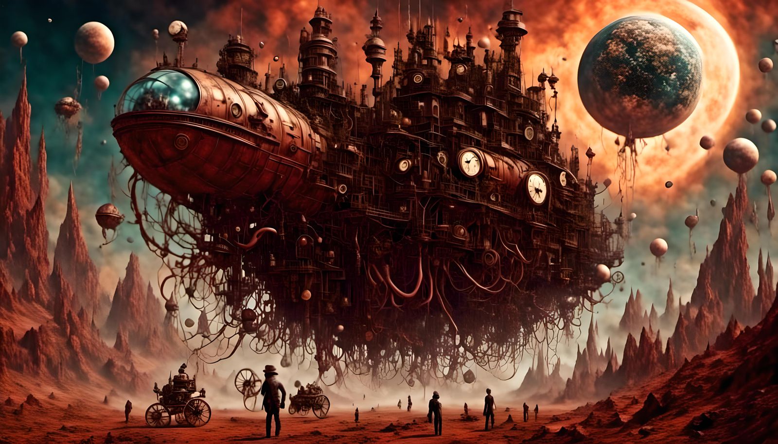 Steampunk Spaceship Attacked by Martian Squid
