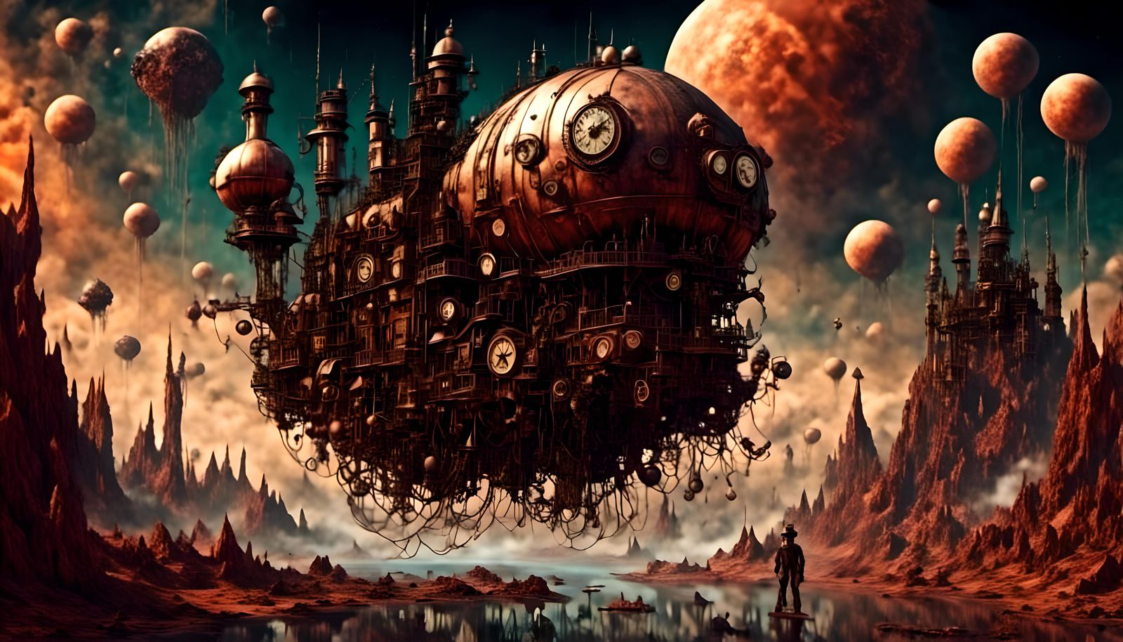 Steampunk Spaceship Attacked by Martian Squid