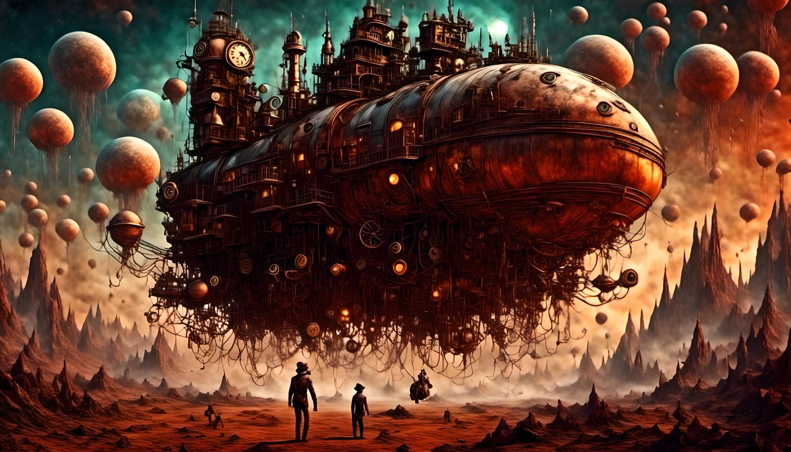 Steampunk Spaceship Attacked by Martian Squid