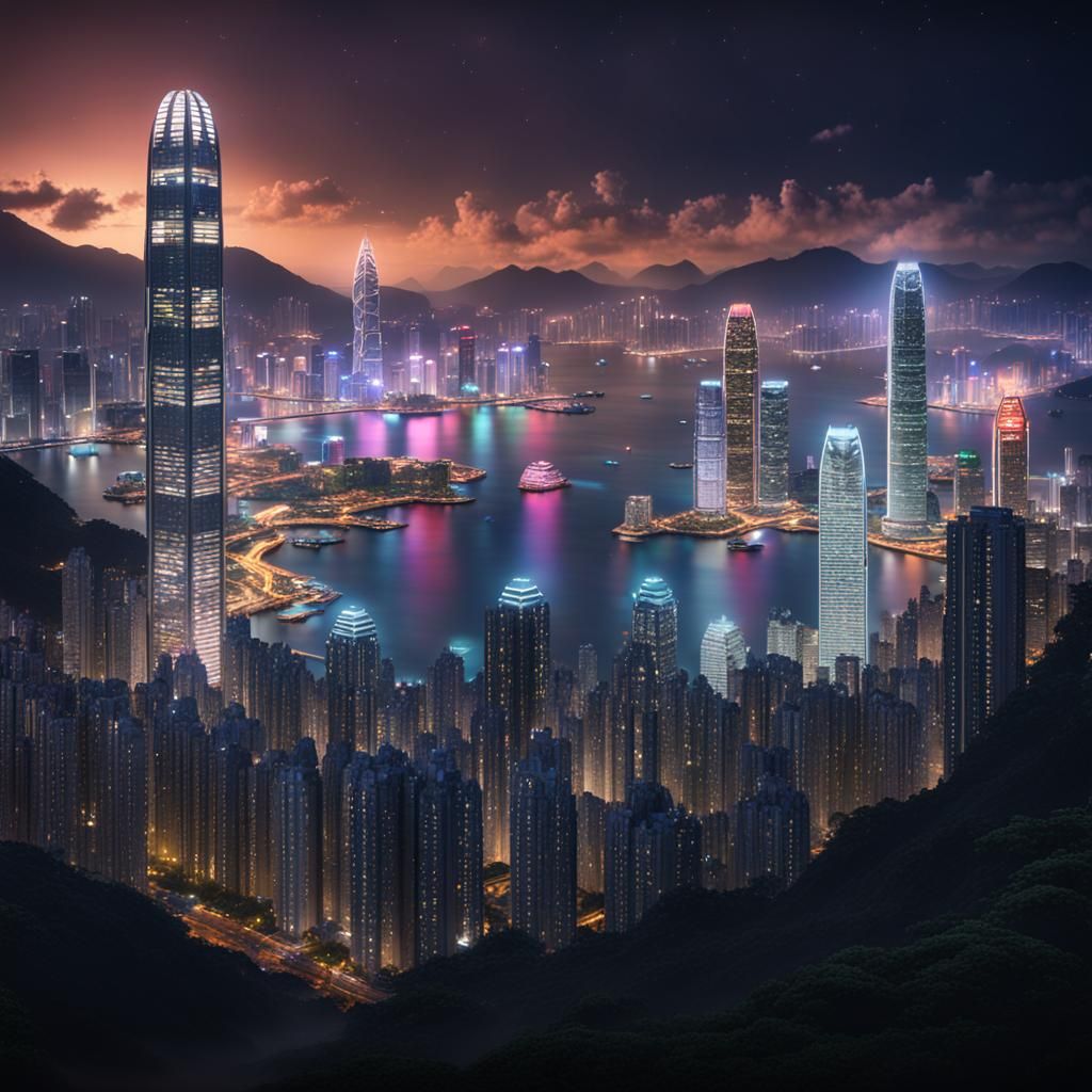 Hong Kong Night View in Detailed Matte Painting