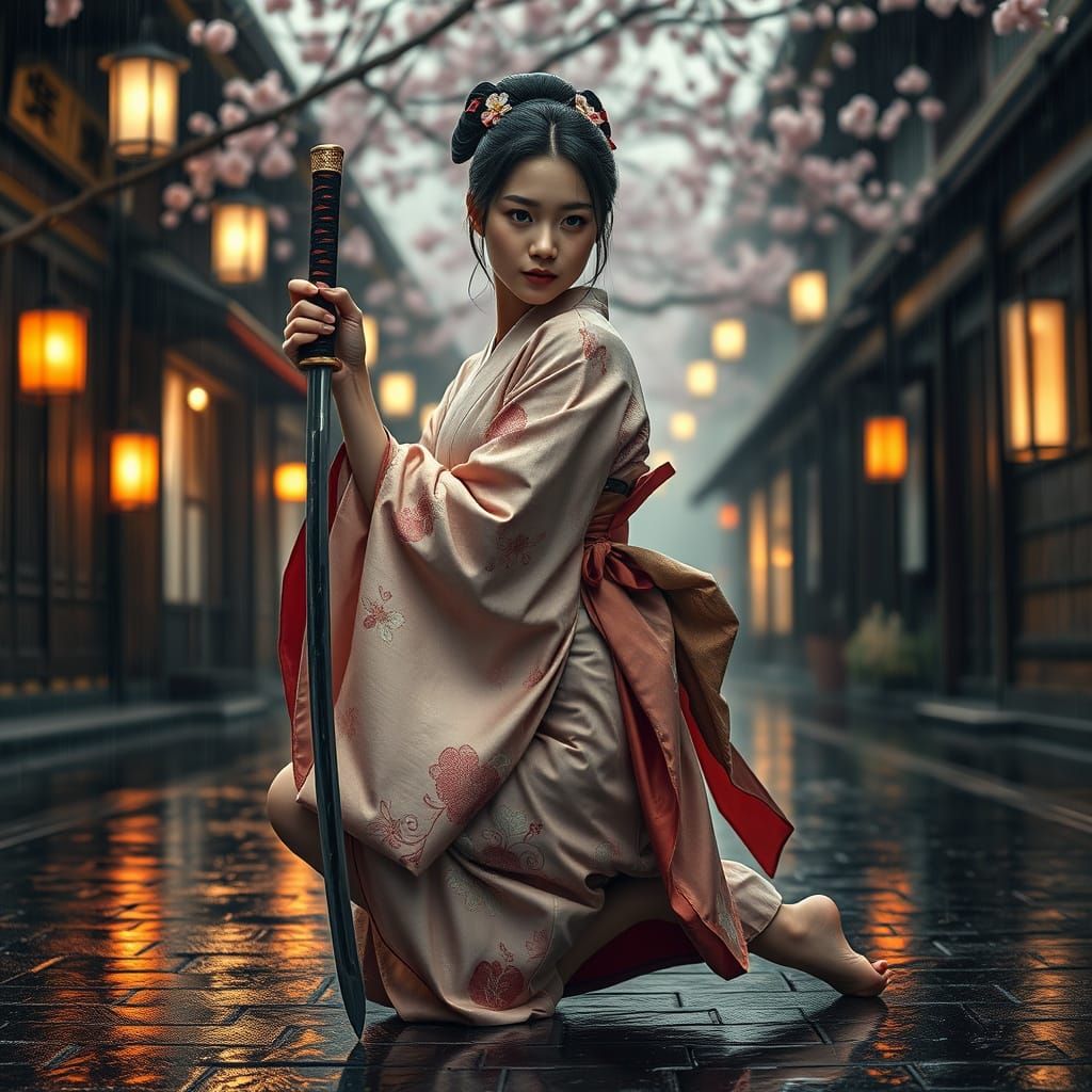 Japanese Woman in Kimono, Gripping Katana in Rainy Edo-Perio...