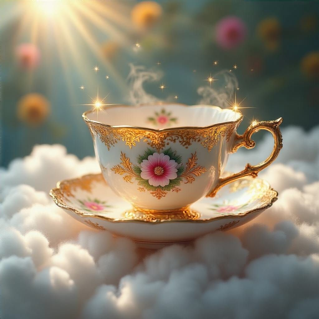 Ornate Teacups on a Cloud in Hyperrealistic Style