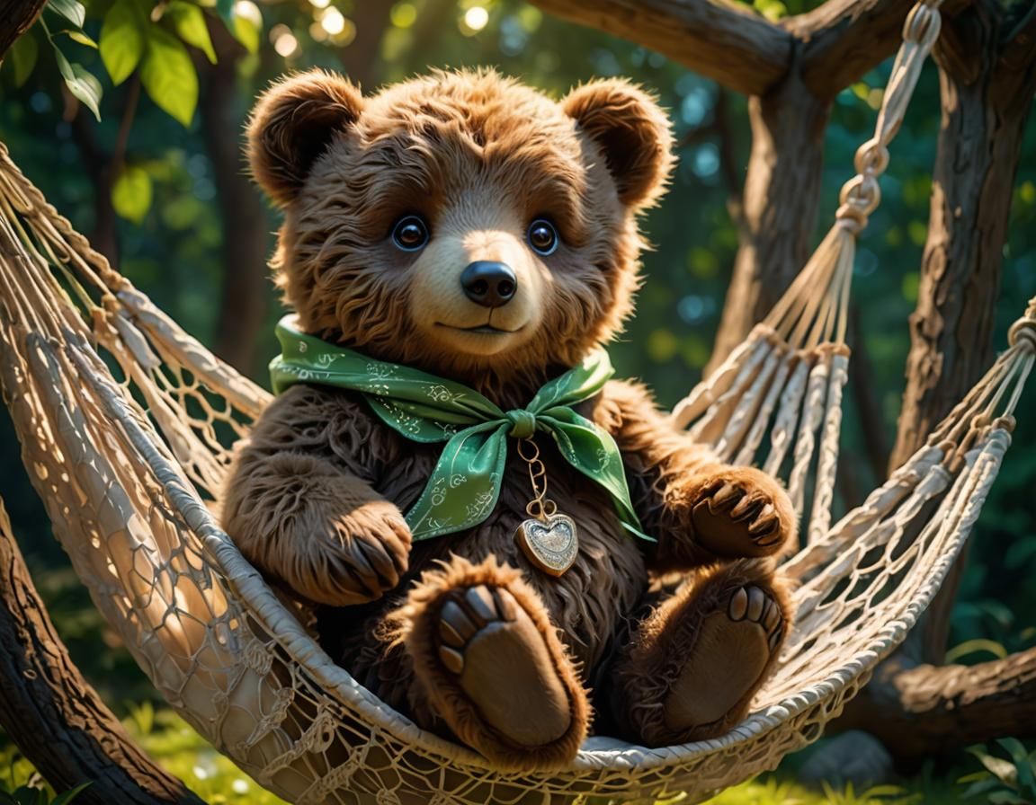 Cute Bear Cub in Hammock: Whimsical Fantasy Art