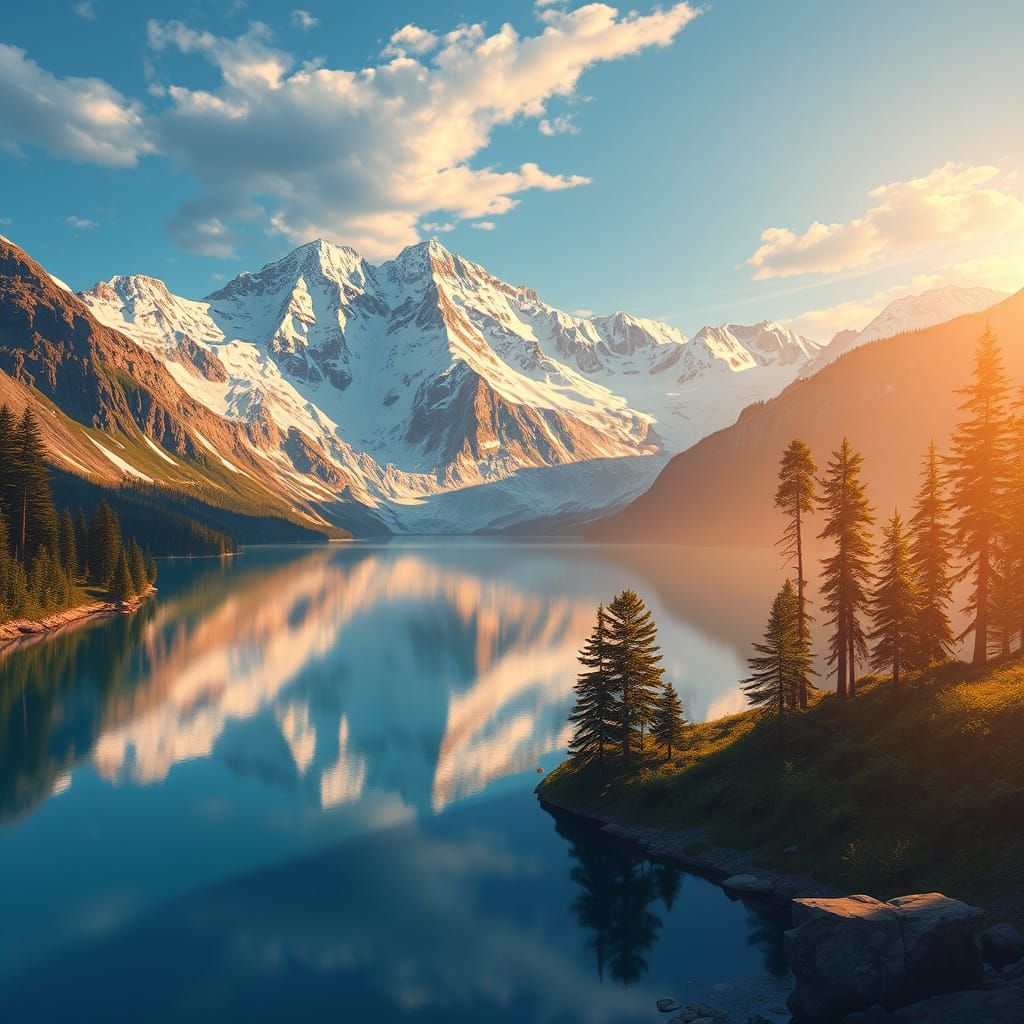 Serenely Reflective Mountain Lake at Sunrise in Photorealist...