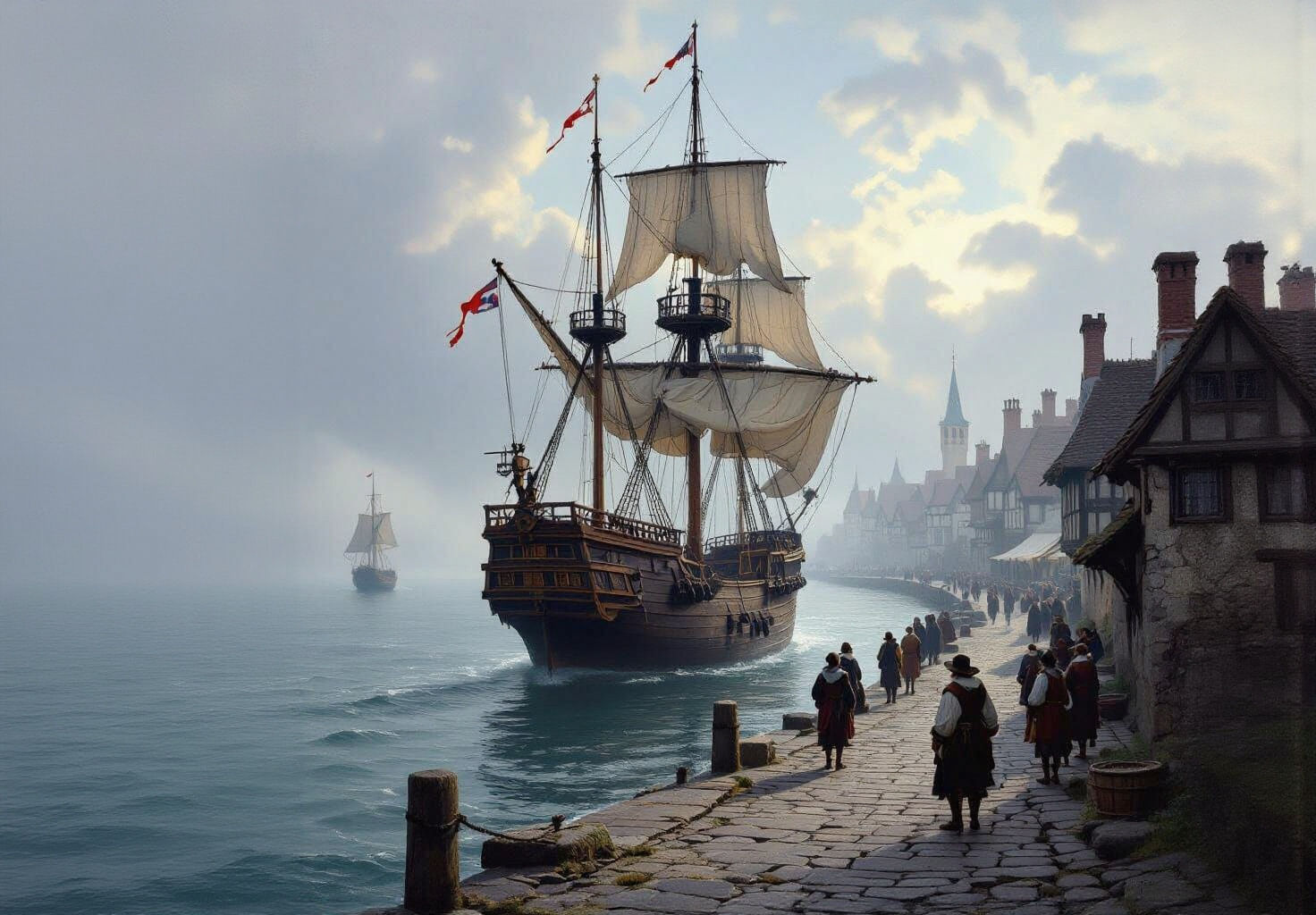 Merchant Ship Approaches Medieval Harbor in Renaissance Styl...