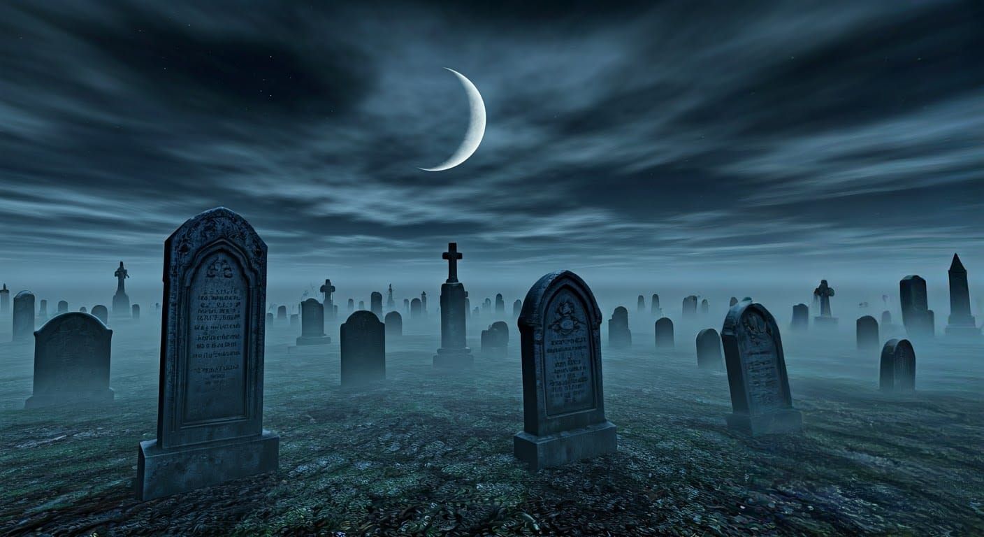 Creepy Graveyard at Night with Quarter Moon