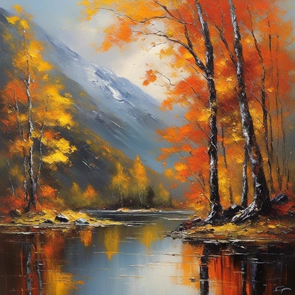 Autumn Lakeside Mountain Scene in Impasto Oil Painting