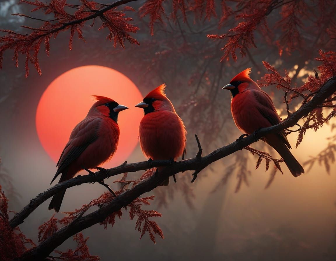 Vibrant Red Birds on Acacia Branch Under Glowing Red Sun
