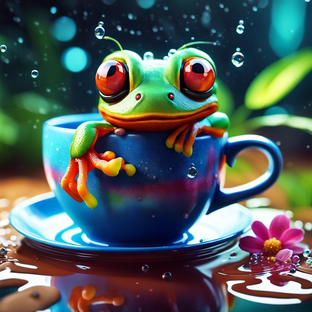 Adorable Tree Frog Bathes in Coffee Cup