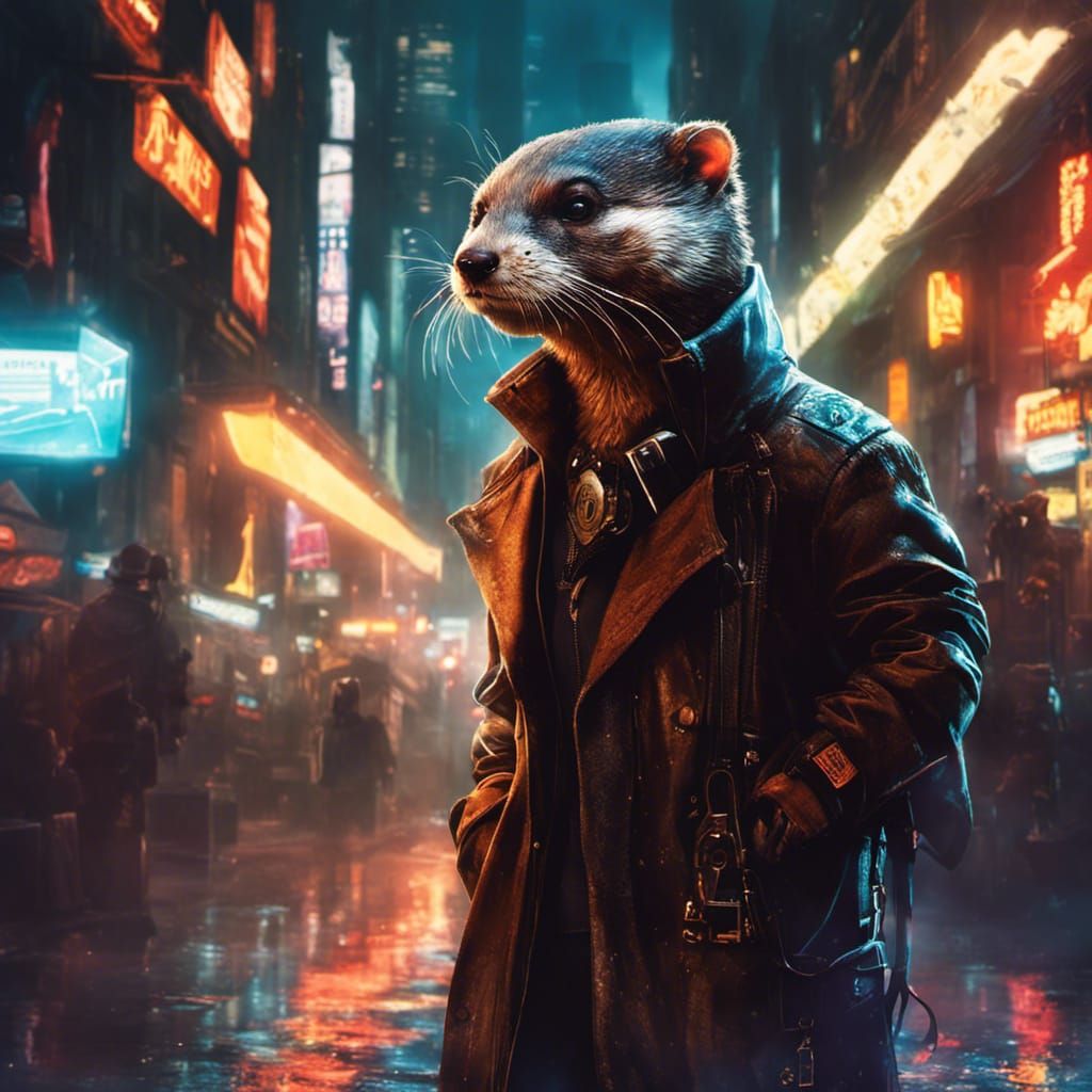 Cyberpunk Otter as Blade Runner in Neon City
