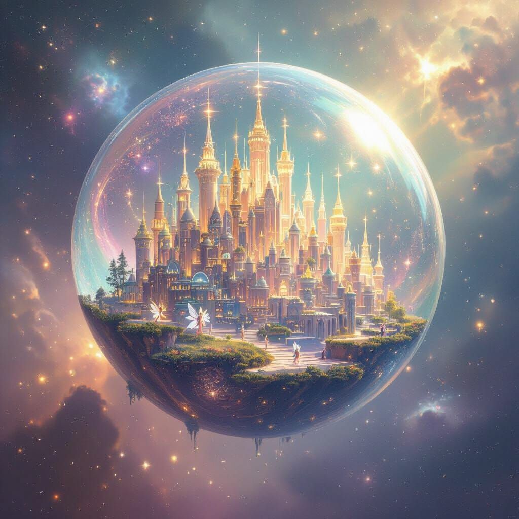 Miniature Fairy City Floating Through Nebula