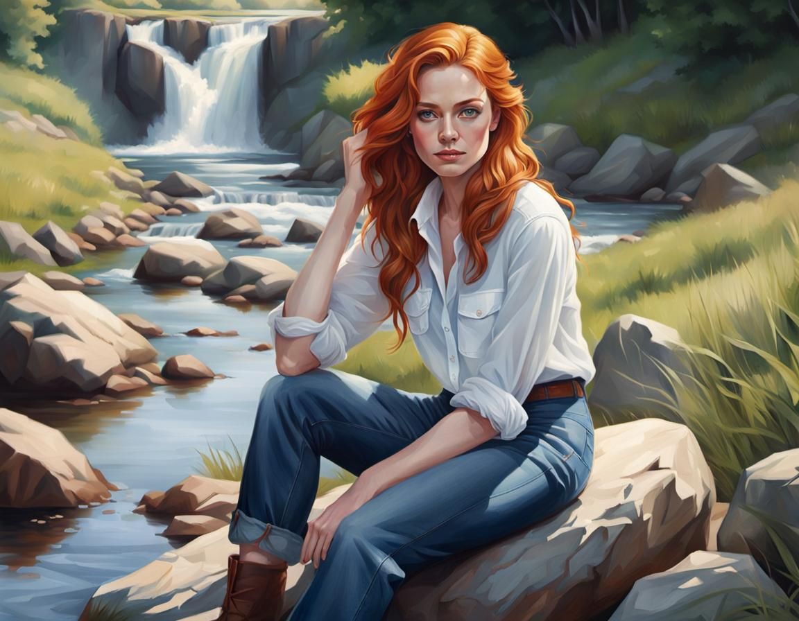 Ginger Girl in Summer Landscape, Photorealistic Art