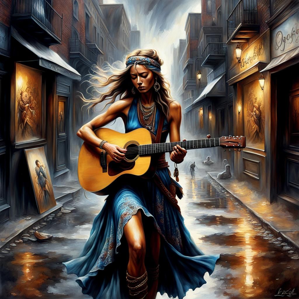 Hippie girl plays guitar