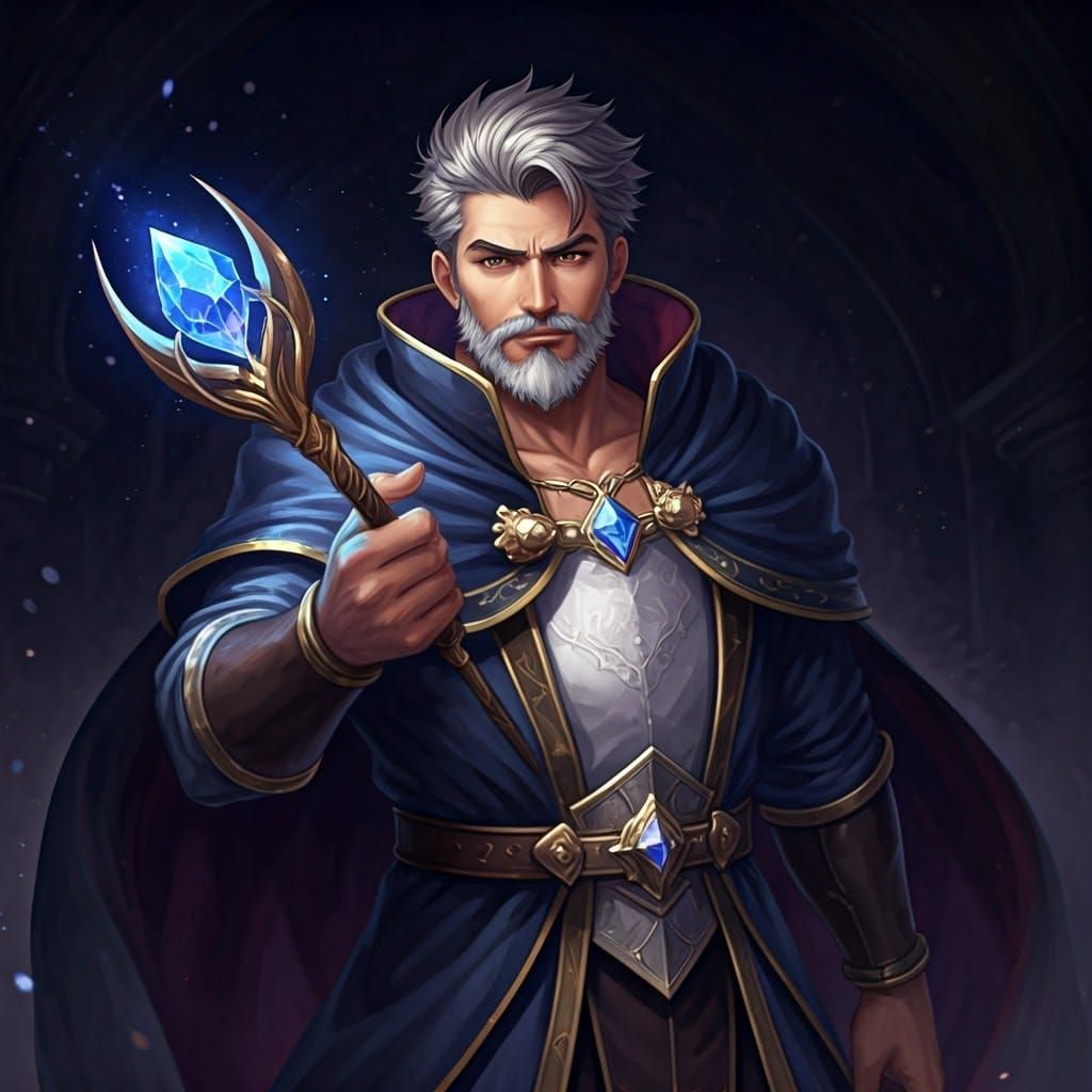 Fantasy Wizard with Gem Wand in Anime Style