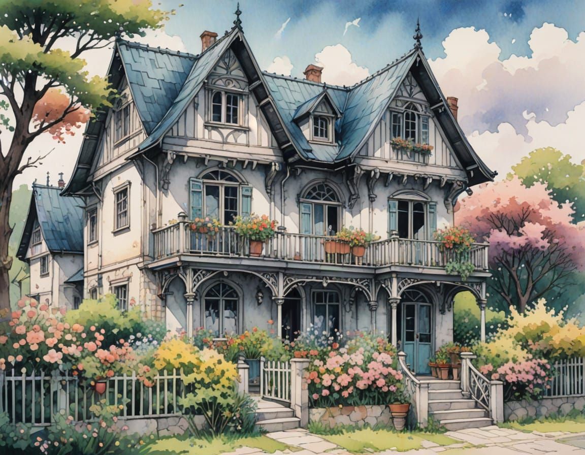Gothic Village Mansion in Pastel Watercolor Manga Style