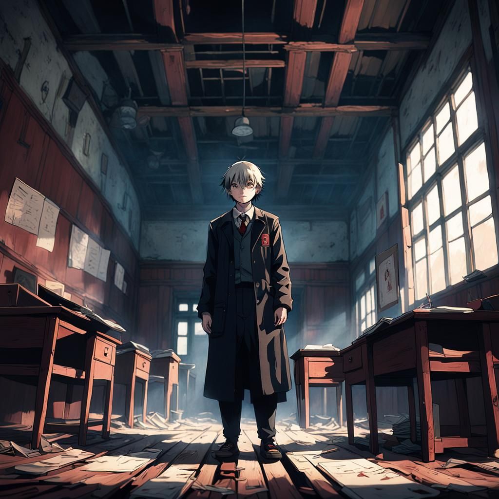 Fear-Stricken Student in Ethereal Horror Classroom