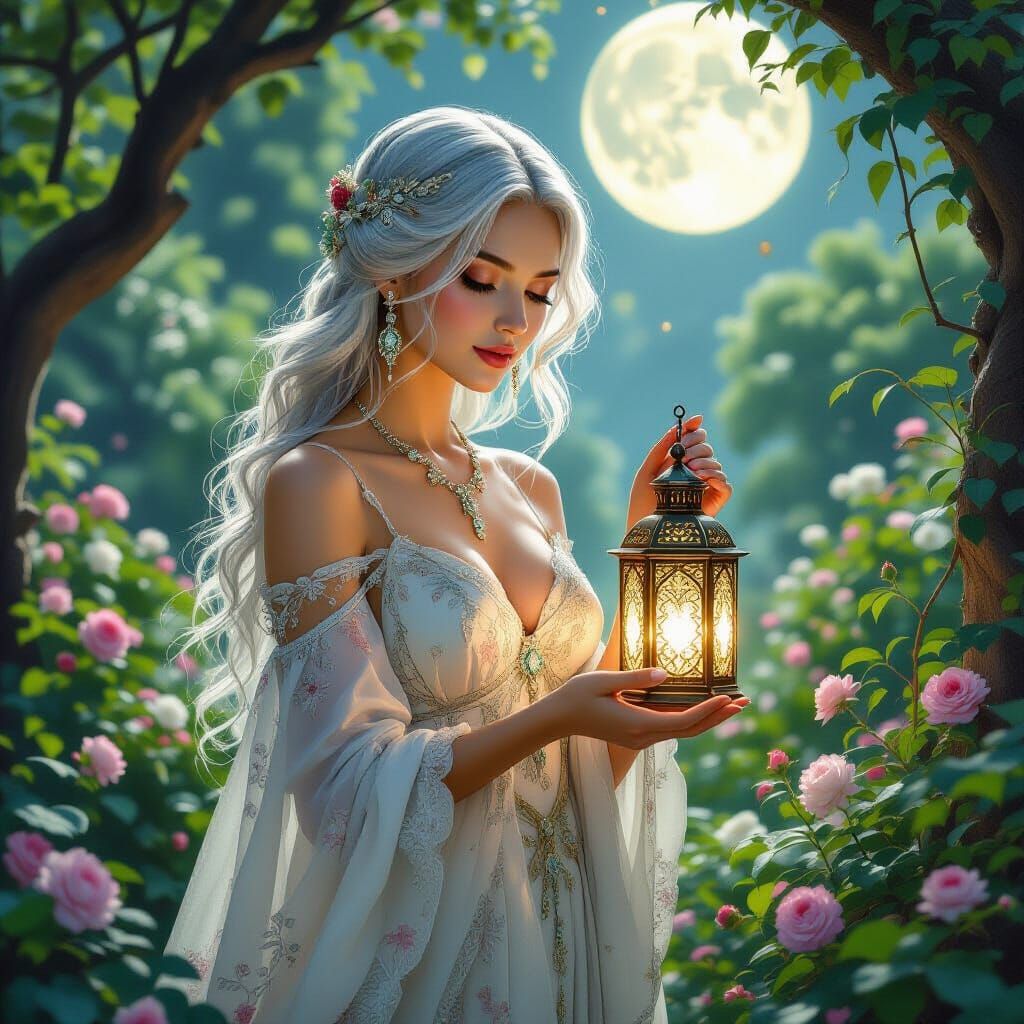 Ethereal Woman in Ancient Garden, Art Nouveau Style