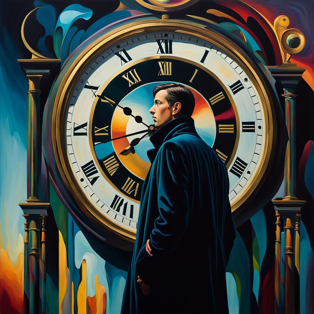 Surreal Figure and Distorted Clock, Oil Painting