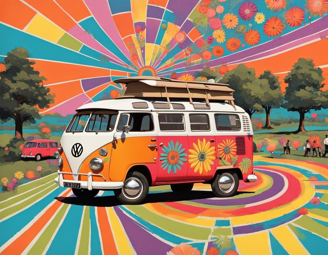 1960s Hippie VW Campervan Heading to Festival