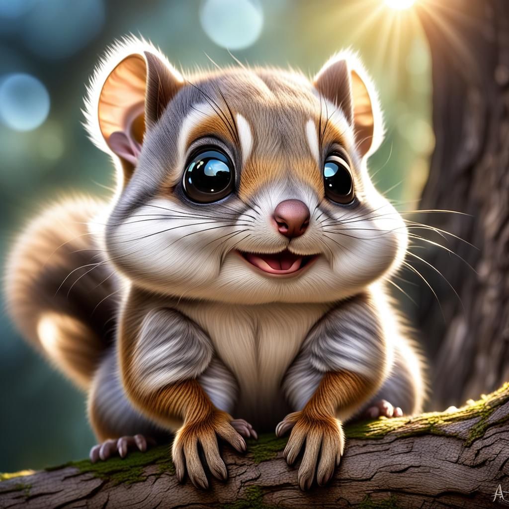 (Cute baby fluffy flying squirrel, with a super cute smile,b...