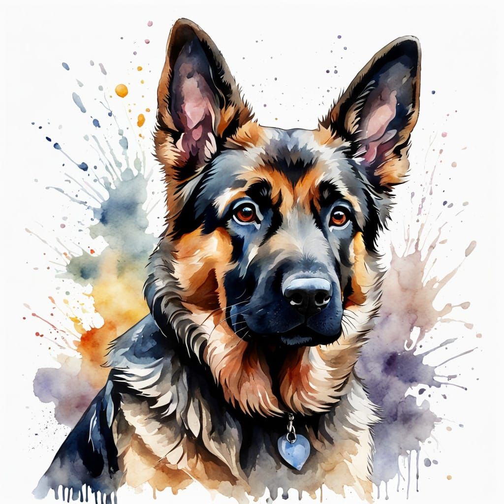 Moody Watercolor Portrait of a German Shepherd Puppy