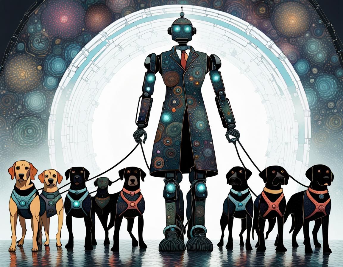 Robot Butler Walks Ten Dogs: Digital Art