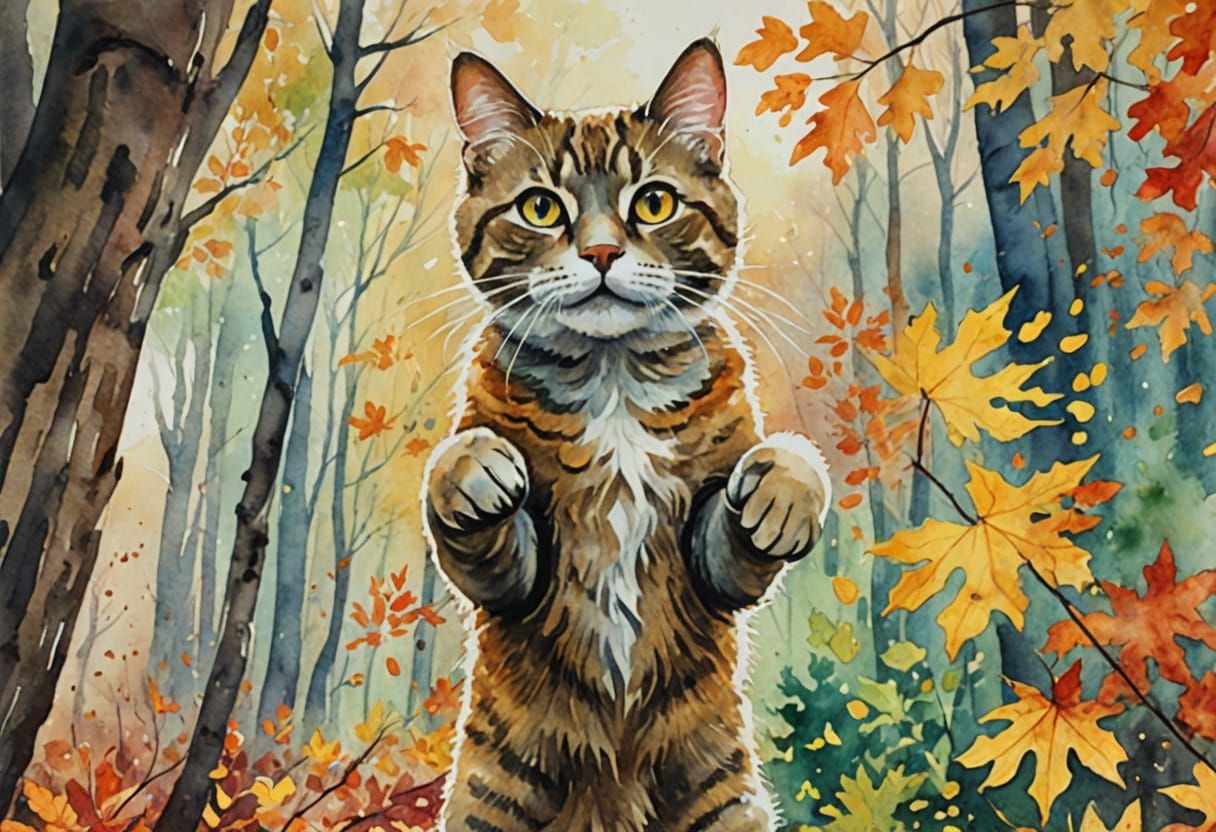 Whimsical Watercolor Cat in Autumn Forest