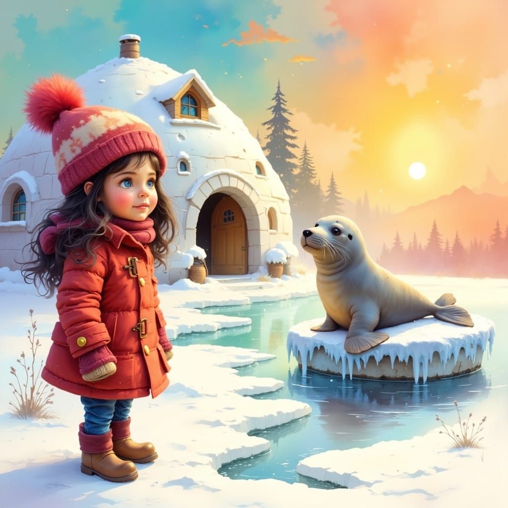 Whimsical Winter Wonderland with Seal and Cozy Igloo