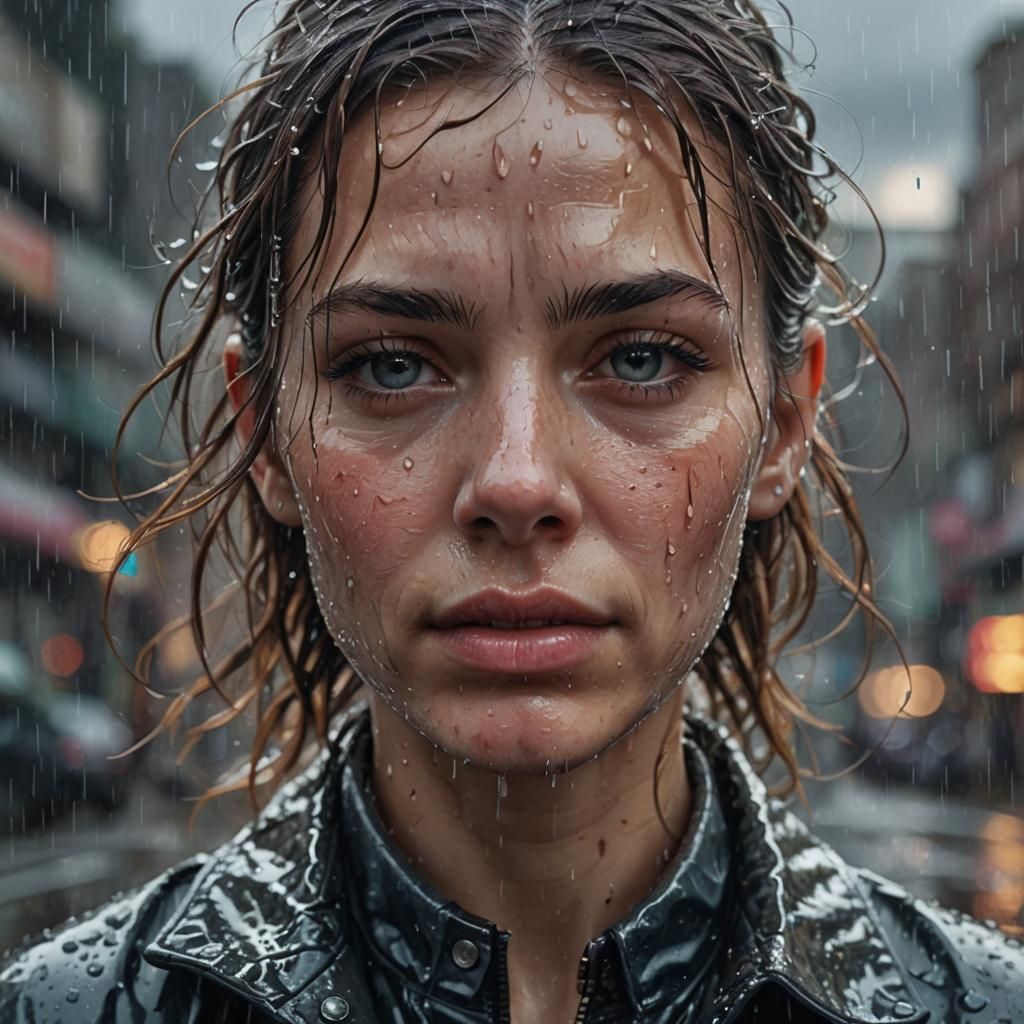 Hyperrealistic Portrait of a Woman in the Rain