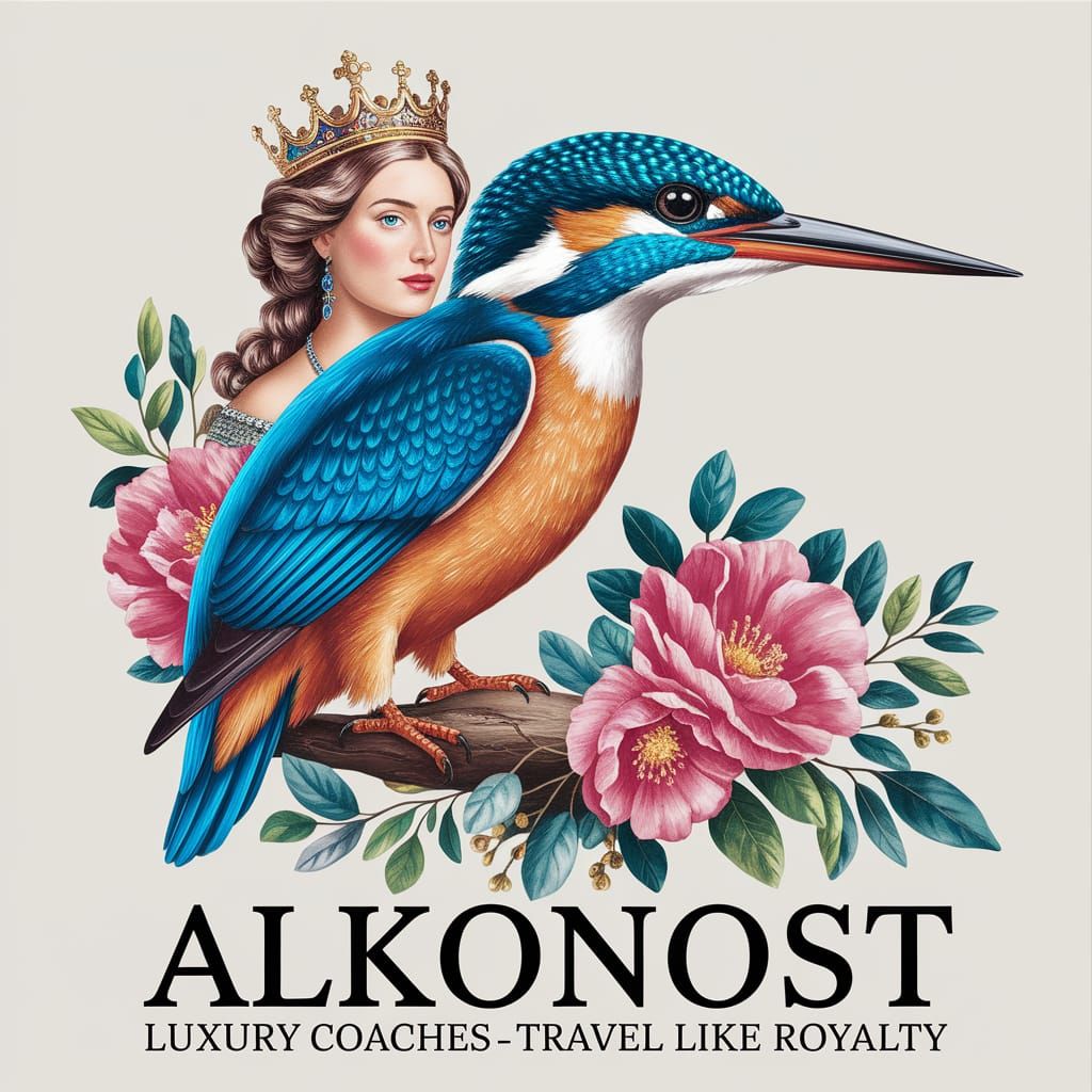 An image of the Slavic Alkonost, a beautiful woman fused with a kingfisher, and the words, "Alkonost Luxury Coaches--Tra...
