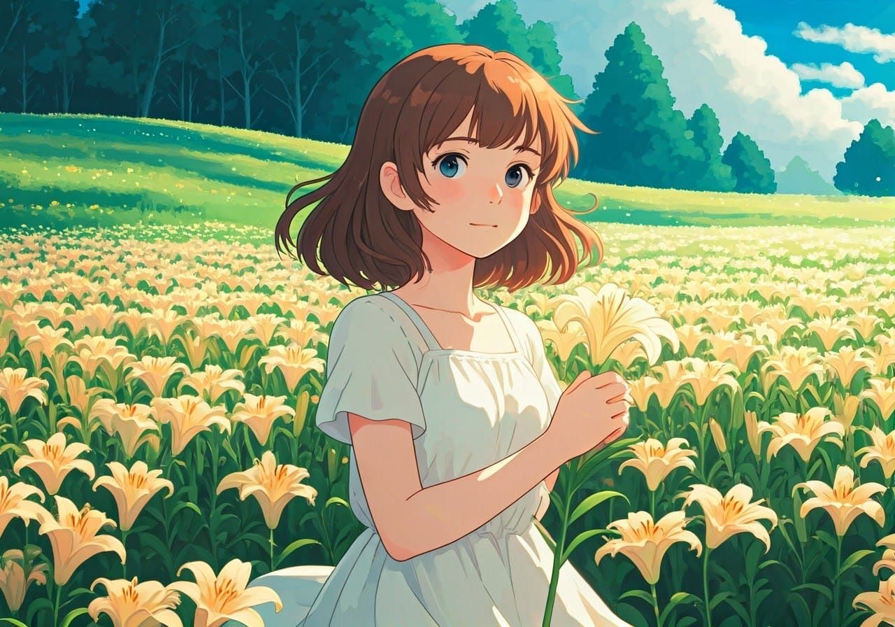 Girl in Lily Field, Studio Ghibli Anime Style