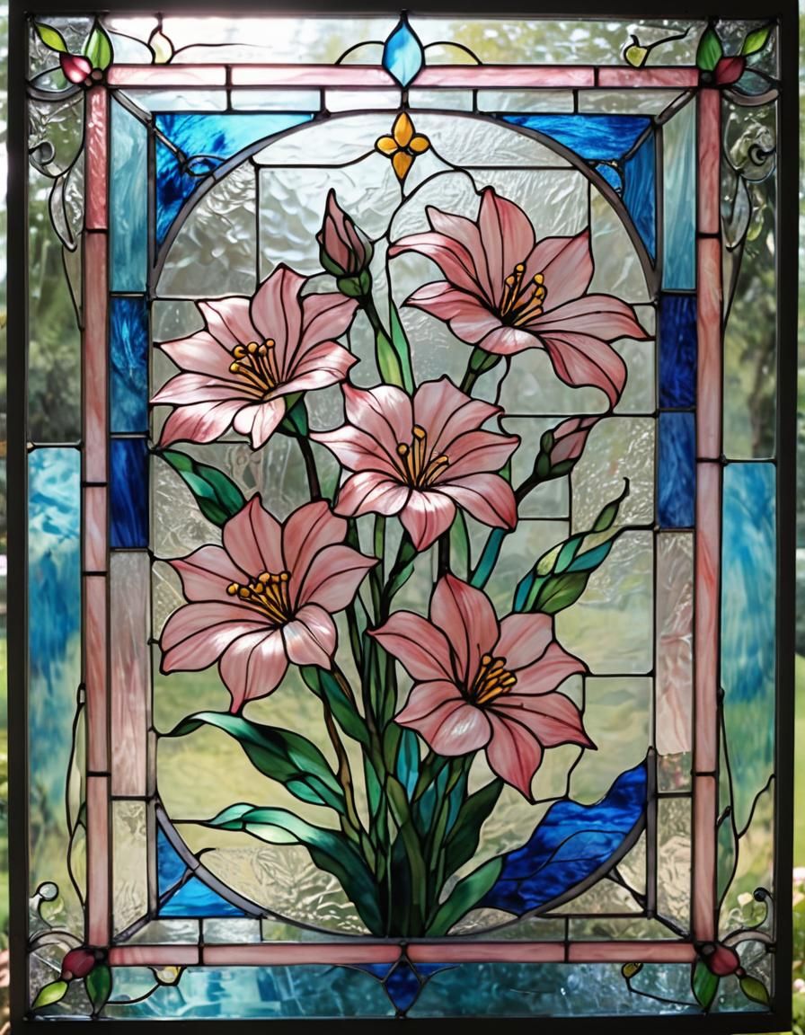 Stained Glass Pink Flower Art in Square Frame