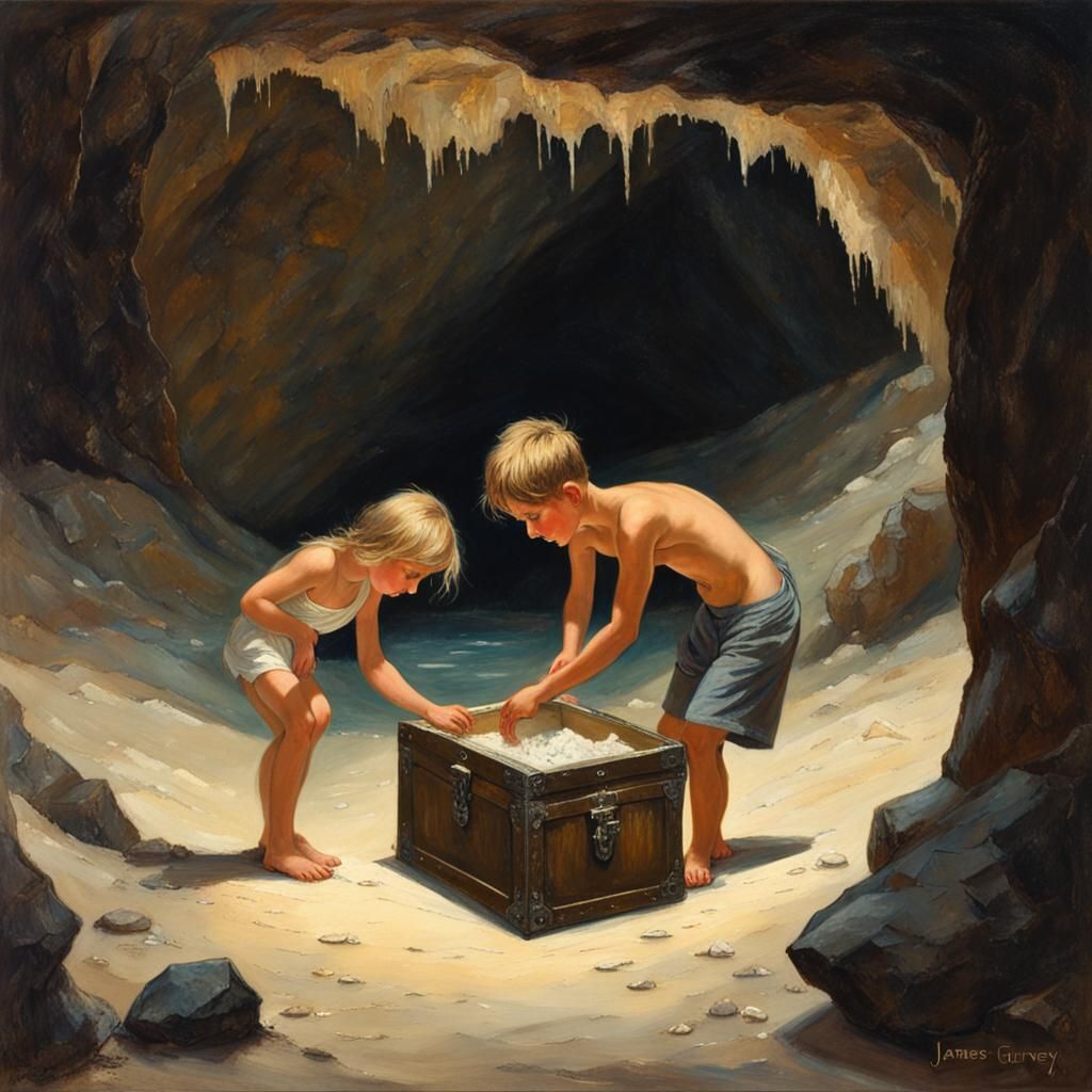 Children Discover Treasure in Cave, Oil Painting